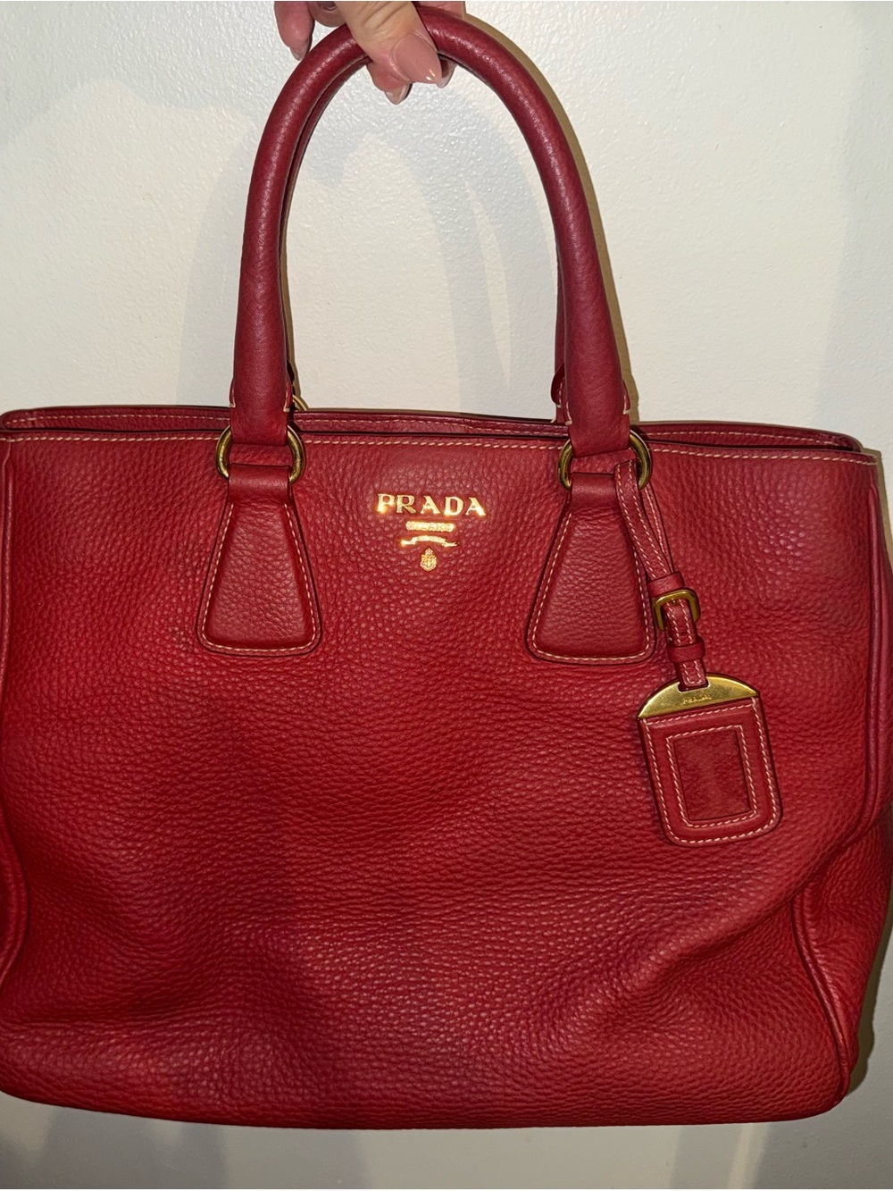 Prada Red Pebbled Leather Tote with Gold Hardware